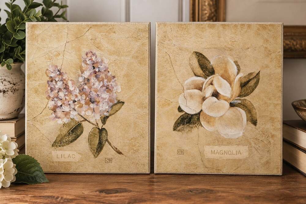 Vintage Cheri Blum CB Lilac Magnolia Floral Wall Art Plaques Set of 2